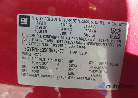 2012 Cadillac Srx Premium Collection из США, поврежденный, VIN 3GYFNFE35CS579477